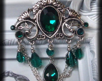 Broche pin con pedrería verde oscuro ropa victoriana joyería Steampunk gótico esmeralda
