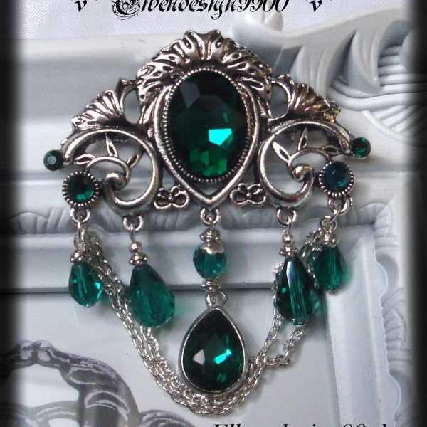 Brosche Anstecknadel mit dunkelgrünen Strasssteinen viktorianischer Gewand-Schmuck Steampunk Gothic emerald