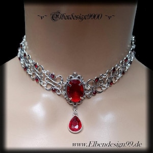 Choker Victorian necklace with ruby red rhinestones Steampunk Gothic witch necklace Renaissance garnet