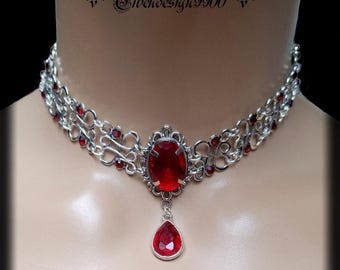 Gargantilla victoriana con diamantes de imitación rojo rubí, collar de bruja gótico steampunk, granate renacentista