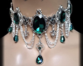 Collar de esmeraldas, flor de lis francesa, collar victoriano con diamantes de imitación de esmeraldas, gargantilla steampunk, Reina del Imperio
