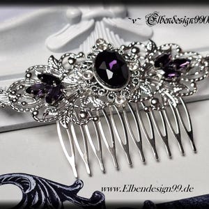 Hårkam Elbendesign99, klämkam med ametistfärgade strassstenar, viktoriansk håraccessoar, Steampunk, Gotisk, violett, Wicca, hednisk, häxa
