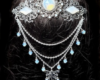 Peineta de pelo Moonlight con piedra de cristal opalescente, joyería victoriana para el cabello, joyería nupcial gótica Steampunk, joyería nupcial