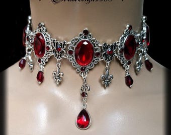 Collier Garnet Elbendesign99 viktorianischer Halsschmuck mit dunkelroten Strasssteinen  Steampunk Gothic Rose Halskette Choker Fleur de Lys