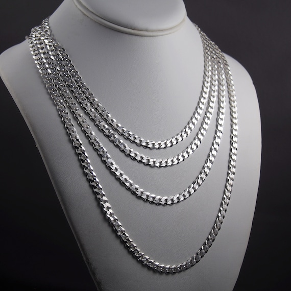 Solid 925 Sterling Silver Cuban Link Flat Curb Link Chain, Real