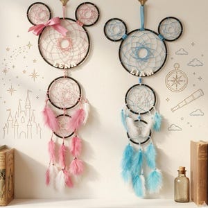 Attrape-rêves Mickey et Minnie personnalisés – Décoration chambre bébé – Cadeau naissance – fait main rose ou bleu cadeau jumeaux