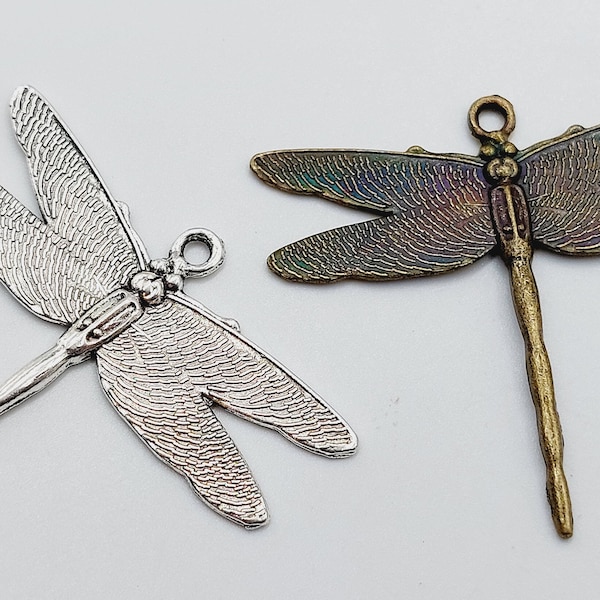 Dragonfly Charms in Silver or Antique Bronze Tone - (Winged water insect goodluck charm gift) - H9A -H9B