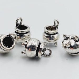 20 Cauldron Charms BULK (3-dimensional mini traditional witch cauldron pendants in silver tone - halloween witchcraft brew) - B16A