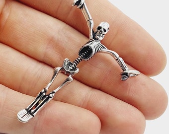 Hanging Skeleton Pendant Charm in Silver Tone - (Halloween Bones skull boneman reaper gothic pendant charm) - H46B