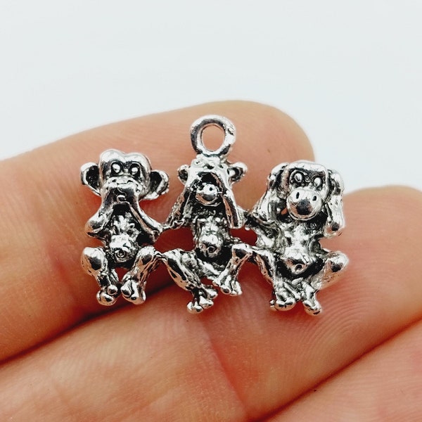 2 Monkey Charms in Silver Tone (Speak no evil, See no evil, Hear no evil 3-dimensional triple monkey ape gossip) - D7A