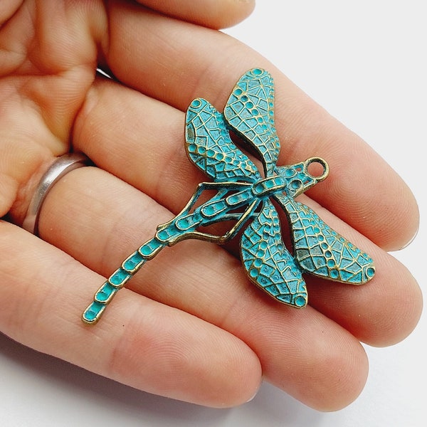 Dragonfly Pendant in Green Patina Tone - (Big Libelle winged water insect charm gift) - G20A