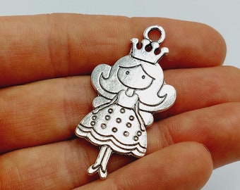 Princess Queen-bedelhanger in zilverkleur (Schattige prinsessenbedel met kroon) - J5B