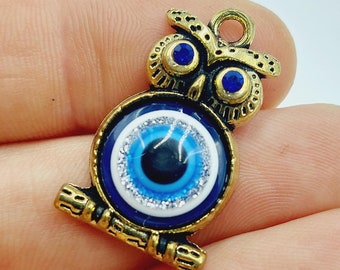 Protection Owl Evil Eye Nazar Charm with Blue Rhinestones (Evil eye protection pendants, blue seeing eye) - H46A