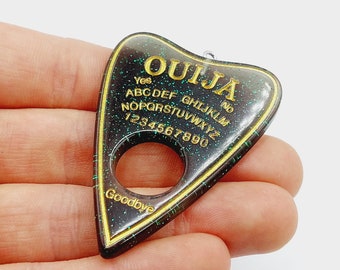 1 Ouija Planchette Charm Dunkelgrün & Gelb mit Glitzer ( Ouija Sprechende Tafel Charm Halloween Schwarz weiß Acryl) - C27