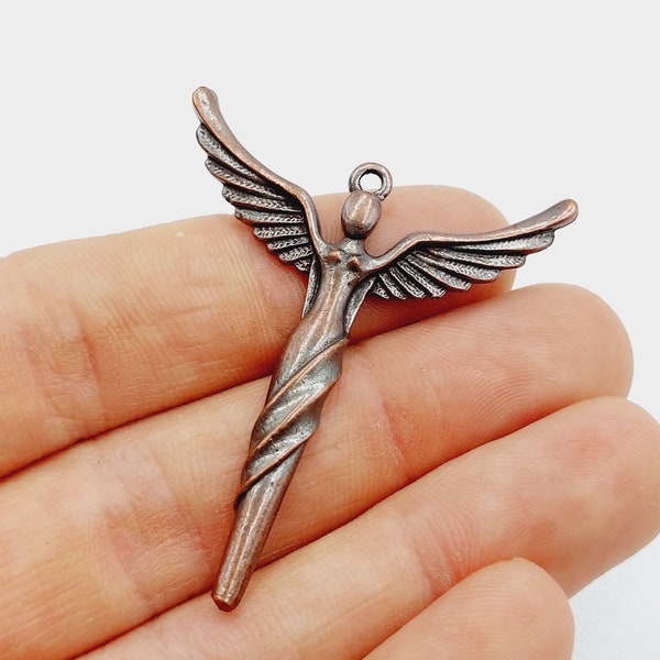 1 Winged Goddess Charm (Bronze Tone Venus Moongoddess Lilith Ishtar Inanna Astarte hecate angel pendant angelic wings patina tone) - B15B