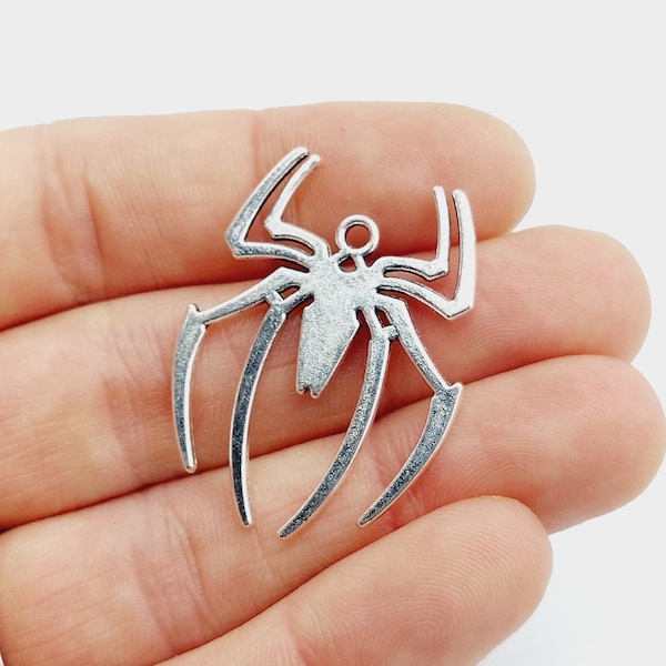 2 Spider Charms in Silver Tone - (Halloween gothic spider pendants, arachnid Araneae creepy crawlers) - B11A