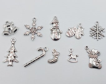 Christmas Charms Collection Set - 10 pieces (Snowman, Tree, Snowflakes, Horse, Deer, Bell, Stocking, Gloves, Candy cane) - C21