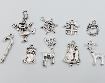 Christmas Charms Collection Set - 9 Pieces (Candy cane, sock, deer, snowman, snowflake, wreath, gift, bells in silver tone) - C16A