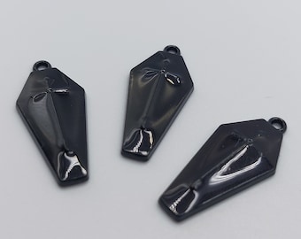 10 Black Coffin Charms in Glossy Black Tone - (gothic sarcophagus coffins with cross charm goth pendants) - D28A