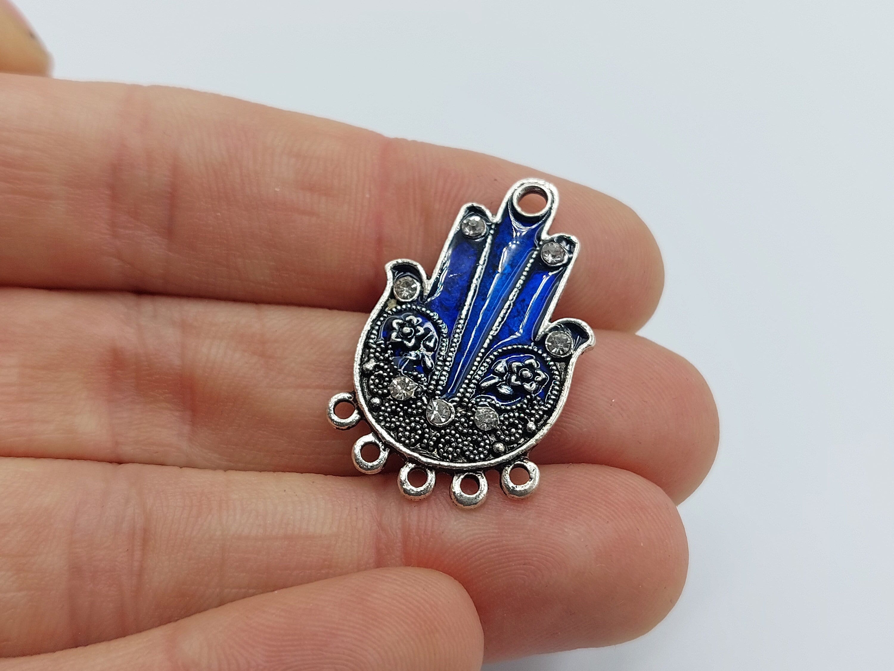 Hamsa Hand Connector Charm (Blue enamel protection chandelier pendant, hand of fatima, palm of miriam, protective jewelry making DIY) D26B