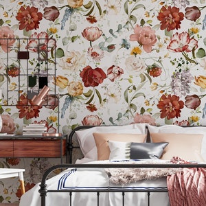 Watercolor Floral Wallpaper Peel and Stick, Botanical Wall Mural,Peony Flowers Removable Wallpaper, Floral Home Decor,Rose Wallpaper