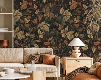 Dark Botanical Wallpaper, Vintage Floral Peel and Stick Wall Mural