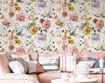 Watercolor Peony Floral Wallpaper, Removable Peel and Stick Wall Mural