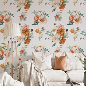 Watercolor Orange Floral Wallpaper Peel and Stick, Botanical Wall Mural,Peony Flowers Removable Wallpaper, Floral Home Decor,Rose Wallpaper
