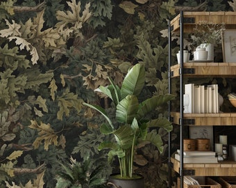 Dark Botanical Leaves Peel and Stick Wallpaper, Vintage Floral Wall Mural