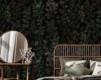 Green Tones Dark Floral Vintage Wallpaper, Peel and Stick Wallpaper, Black Floral Green Leaves Wallpaper Mural, Home Wall Decor Wallcovering