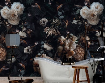 Dark Botanical Wallpaper Dark Flowers Walpaper Mural, Dark Green Leaves Wallpaper, Vintage Floral Wallpaper, Wallpaper Traditional Removable