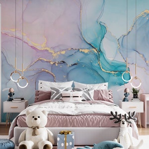 Pink and Blue Marble Wallpaper Peel and Stick, Soft Marble Wall Mural,Marble Look Removable Wallpaper,Abstract Art Home Decor,Abstract Mural