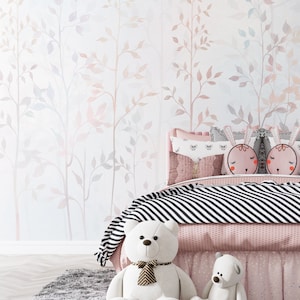 Watercolor Pink Floral Wallpaper Peel and Stick,Botanical Wall Mural,Gray Pink Leaves Removable Wallpaper,Forest Home Decor,Branch Wallpaper