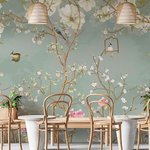 Watercolor Chinoiserie Wallpaper Peel and Stick,Chinese Birds with Trees Wall Mural,Floral   Removable Wallpaper, Vintage Home Decor