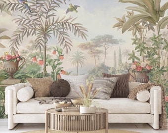 May include: A living room scene featuring a cream-colored sofa with various throw pillows, a round wooden coffee table, and a large wall mural depicting a tropical landscape with palm trees, exotic birds, and floral urns in muted earth tones.
