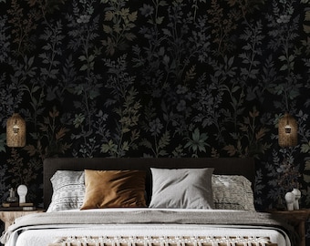 Peel and Stick Wallpaper, Dark Floral Wallpaper, Dark Leaves Wallpaper, Green Tones Dark Leaves Wallpaper Mural, Wall Decal, Black Floral