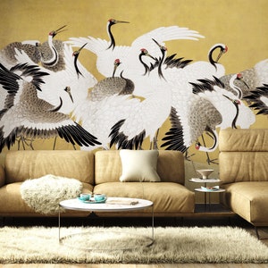 Papel tapiz de bandada de grullas con opciones de color, papel tapiz de pájaros grulla vintage, calcomanía mural de pared de pájaros grulla japoneses, despegar y pegar