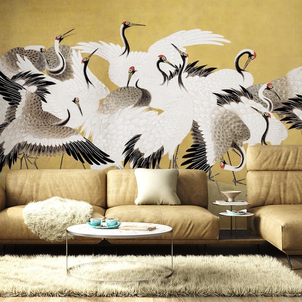 Zwerm kraanvogels behang met kleuropties, vintage kraanvogels behang, Japanse kraanvogels muur muurschildering muur sticker, Peel en Stick