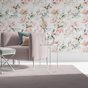 Watercolor Pink Floral Wallpaper Peel and Stick, Botanical Wall Mural,Peony Flowers Removable Wallpaper, Floral Home Decor,Rose Wallpaper