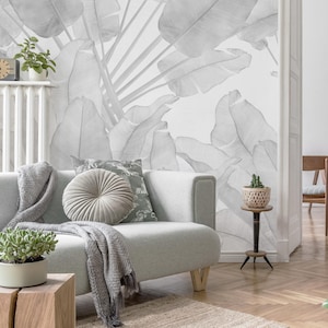 Big Banana Leaves Wallpaper, Gray Large Leaves Mural Wallpaper, Black White Leaves Peel and Stick Paper, Tropical Wallpaper Removable Mural