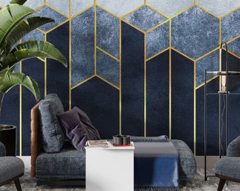 Geometric Faux Gold Peel and Stick Wallpaper, Modern Art Wall Mural