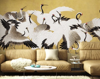 Papier peint troupeau de grues avec choix de couleurs, papier peint grues oiseaux vintage, sticker mural oiseaux grues du Japon, autocollant mural