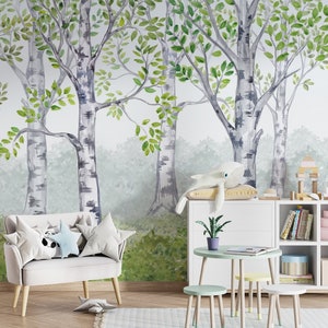 Papier peint aquarelle forêt pour enfants, décoration murale forêt verte, papier peint amovible pour chambre de bébé, décoration d'intérieur pour enfants, décoration murale forêt