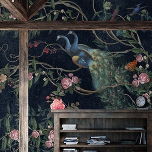 Dunkelblaue Chinoiserie-Tapete, Pfauen-Tapete, chinesisch-japanische Tapete, selbstklebende Tapete, abnehmbare Tapete