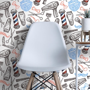 Barber Shop Wallpaper, Vintage Hairdresser Pattern, Salon Wall Decor, Barbershop Theme Mural, Peel and Stick or Traditional