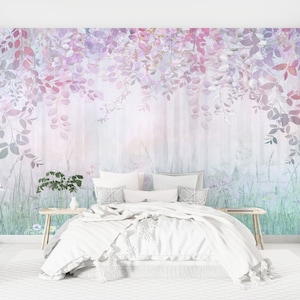 Aquarell Rosa Blumen Tapete Schälen und Aufkleben, Botanisches Wandbild, Abnehmbare Tapete Rosa Blätter,Wald Wohnkultur,Rosen Tapete