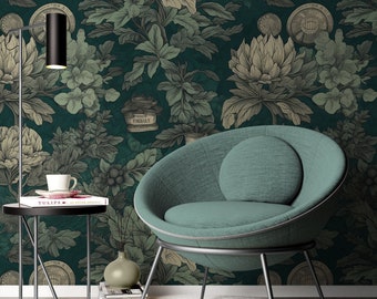 Tapete, Dunkelgrüne Blumen Tapete, Vintage Botanisches Wandbild, Schälen und aufkleben