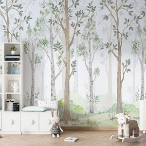 Watercolor Green Forest Kids Wallpaper Peel and Stick, Woodland Wall Mural,Nursery Removable Wallpaper, Kids Home Decor, Forest Wall Mural