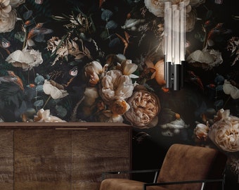 Mural de papel tapiz floral oscuro, botánico vintage, despegable y pegable o tradicional