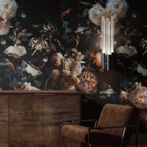 Floral Dark Walpaper, Dark Botanical Wallpaper Mural, Birds Butterflies Leaves Wallpaper, Vintage Floral Wallpaper, Wallpaper Traditional